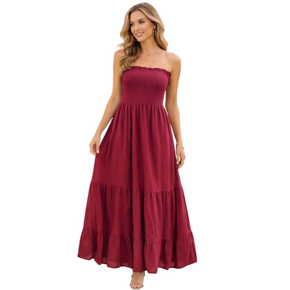 ZESICA Smocked Waist Maxi Dress Maroon Pink Boho Flowy size Large